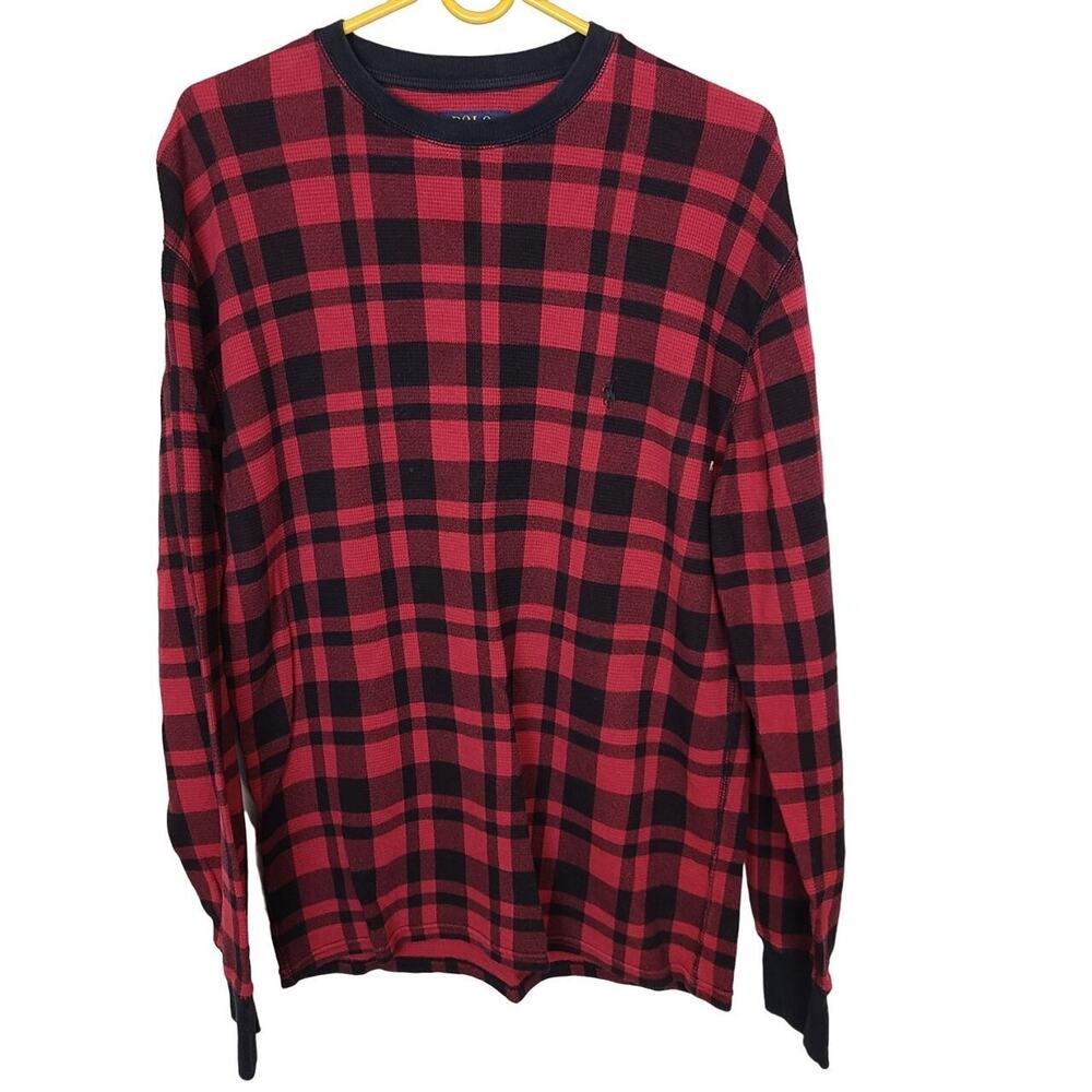 Polo Ralph Lauren Mens Red Buffalo Plaid Waffle Knit Thermal Shirt Size L Preppy